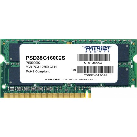 Оперативная память Patriot Signature 8GB DDR3 SO-DIMM PC3-12800 (PSD38G16002S), Signature 8GB DDR3 SO-DIMM PC3-12800 (PSD38G16002S)
Оперативная память Patriot Signature 8GB DDR3 SO-DIMM PC3-12800 (PSD38G16002S), Signature 8GB DDR3 SO-DIMM PC3-12800 (PSD38G16002S)